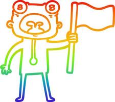 rainbow gradient line drawing cartoon weird alien with flag vector