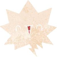 happy cartoon face and speech bubble in retro textured style vector