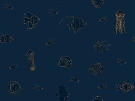 Golden mockup contoured fish on dark blue seamless background vector illustration