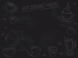 Hot drinks menu with beverage contours and copy space drawn on blackboard vector illustration