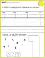 Tracing numbers activity. Trace the number 1 Educational children game, printable worksheet vector