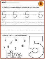 Tracing numbers activity. Trace the number 5 Educational children game, printable worksheet vector