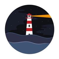 Lighthouse in the middle of the sea with calm waves and haze in the night starry sky.