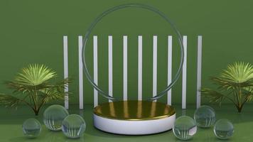 presentación del producto soporte de exhibición del podio maqueta de renderizado 3d bola de vidrio de textura dorada con hoja verde en el espacio de la naturaleza verde foto