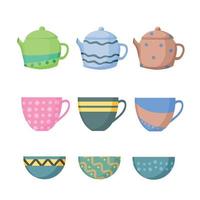 Vector cartoon set of ceramic pasuda - cups, bowls and teapots.