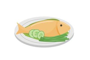 Cooked fish with bite. Chinese food. Vector cartoon illustration.