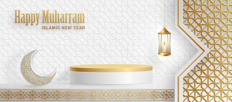 escenario redondo de podio 3d islámico con patrón dorado para muharram, el año nuevo islámico vector