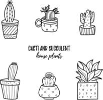 Vector doodle cactus and succulent collection of illustration. Black line art house plants in a pots set. Great for different kind of designs and backgrounds