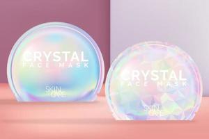 Vector Sheet Mask Holographic or Iridescent Foil Bag Packet with Geometric Pattern Print. Round Shape.