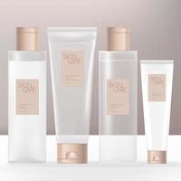 Vector Beauty or Skincare Transparent Cream, Shampoo, Gel or Cream Bottle and Tube Bundle with Beige Caps.