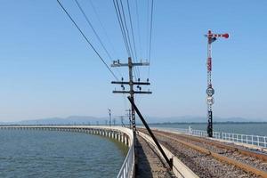 The traffic signal pole in the not allowed position on the curved concrete bridge. photo