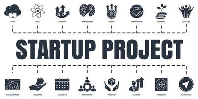 Startup project and development banner web icon set. solution, brainstorm, calendar, idea, growth, partnership, success and more vector illustration concept.