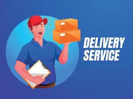 a male courier delivering packages holding clipboard and package vector