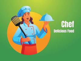 a female chef holding a spatula and serving delicious dishes vector