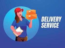 a female courier delivering packages holding clipboard and package vector