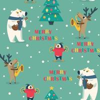 Christmas seamlesspattern with polar bear tree penguin and deer playing music vector