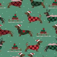 Christmas seamless pattern with snow and dachshunds in tartan clothes and red hat vector