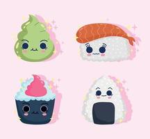 conjunto de sushi kawaii vector