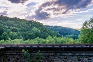 Elevated railway line above a forested valley photo