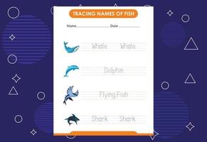 Trace the names of fish. Handwriting practice for preschool kids vector