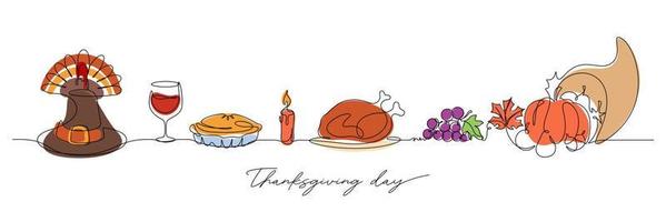 continuous line drawing of thanksgiving celebration table vector illustration
