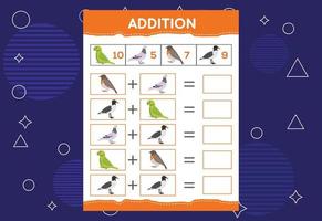 Addition with different birds for kids. An educational worksheet for kids. Vector design