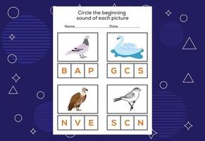 Circle the beginning sound of each bird. Educational game for kids vector