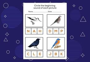 Circle the beginning sound of each bird. Educational game for kids vector