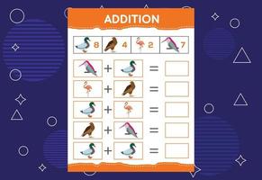 Addition with different birds for kids. An educational worksheet for kids. Vector design