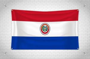 bandera paraguaya colgada en la pared de ladrillo. dibujo 3d bandera pegada a la pared. dibujando cuidadosamente en grupos en capas separadas para facilitar la edición. vector