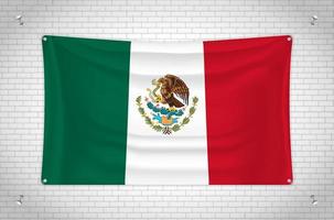 Mexico flag hanging on brick wall. 3D drawing. Flag attached to the wall. Neatly drawing in groups on separate layers for easy editing. vector