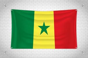 bandera de senegal colgada en la pared de ladrillo. dibujo 3d bandera pegada a la pared. dibujar cuidadosamente en grupos en capas separadas para facilitar la edición. vector