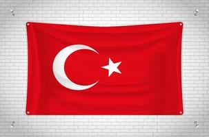 Turkey flag hanging on brick wall. 3D drawing. Flag attached to the wall. Neatly drawing in groups on separate layers for easy editing. vector