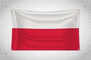 Poland flag hanging on brick wall. 3D drawing. Flag attached to the wall. Neatly drawing in groups on separate layers for easy editing. vector