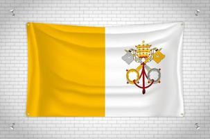 Vatican City flag hanging on brick wall. 3D drawing. Flag attached to the wall. Neatly drawing in groups on separate layers for easy editing. vector