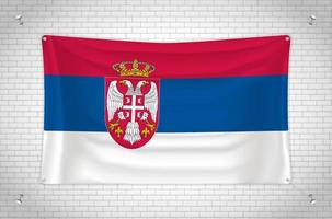 Serbia flag hanging on brick wall. 3D drawing. Flag attached to the wall. Neatly drawing in groups on separate layers for easy editing. vector