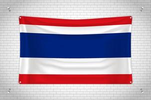 Thailand flag hanging on brick wall. 3D drawing. Flag attached to the wall. Neatly drawing in groups on separate layers for easy editing. vector