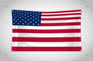 United States flag hanging on brick wall. 3D drawing. Flag attached to the wall. Neatly drawing in groups on separate layers for easy editing. vector