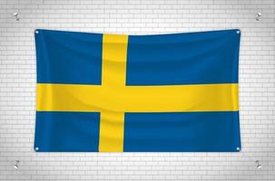 Sweden flag hanging on brick wall. 3D drawing. Flag attached to the wall. Neatly drawing in groups on separate layers for easy editing. vector