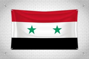 Syria flag hanging on brick wall. 3D drawing. Flag attached to the wall. Neatly drawing in groups on separate layers for easy editing. vector