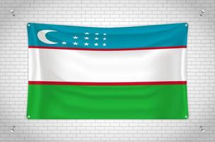 Uzbekistan flag hanging on brick wall. 3D drawing. Flag attached to the wall. Neatly drawing in groups on separate layers for easy editing. vector