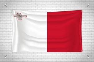 Malta flag hanging on brick wall. 3D drawing. Flag attached to the wall. Neatly drawing in groups on separate layers for easy editing. vector