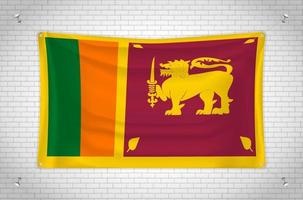 Sri Lanka flag hanging on brick wall. 3D drawing. Flag attached to the wall. Neatly drawing in groups on separate layers for easy editing. vector