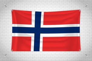 Norway flag hanging on brick wall. 3D drawing. Flag attached to the wall. Neatly drawing in groups on separate layers for easy editing. vector