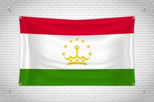 Tajikistan flag hanging on brick wall. 3D drawing. Flag attached to the wall. Neatly drawing in groups on separate layers for easy editing. vector