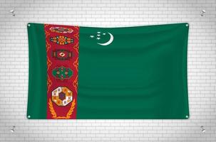 Turkmenistan flag hanging on brick wall. 3D drawing. Flag attached to the wall. Neatly drawing in groups on separate layers for easy editing. vector