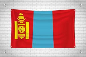Mongolia flag hanging on brick wall. 3D drawing. Flag attached to the wall. Neatly drawing in groups on separate layers for easy editing. vector