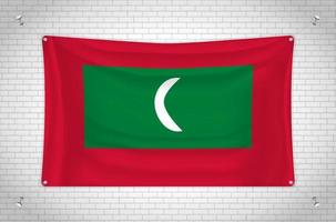 Maldives flag hanging on brick wall. 3D drawing. Flag attached to the wall. Neatly drawing in groups on separate layers for easy editing. vector