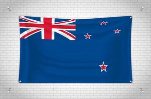 New Zealand flag hanging on brick wall. 3D drawing. Flag attached to the wall. Neatly drawing in groups on separate layers for easy editing. vector