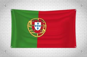 Portugal flag hanging on brick wall. 3D drawing. Flag attached to the wall. Neatly drawing in groups on separate layers for easy editing. vector